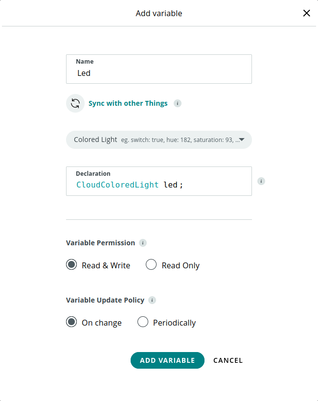 Add Variable pop-up modal