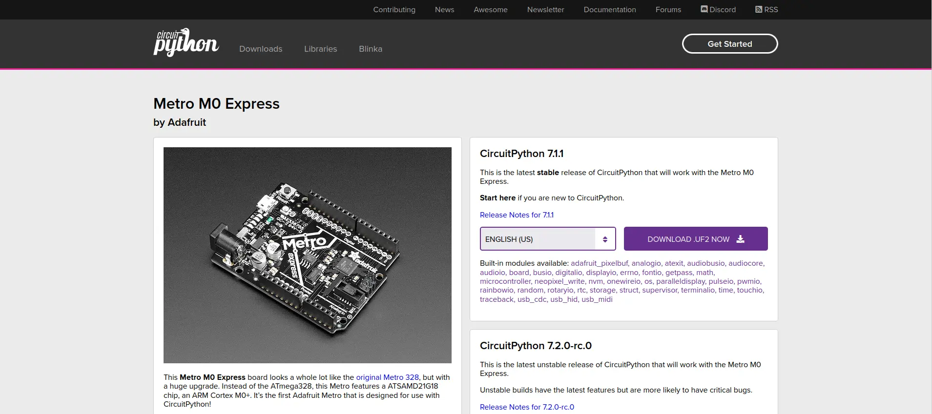 CircuitPython Metro M0 download page